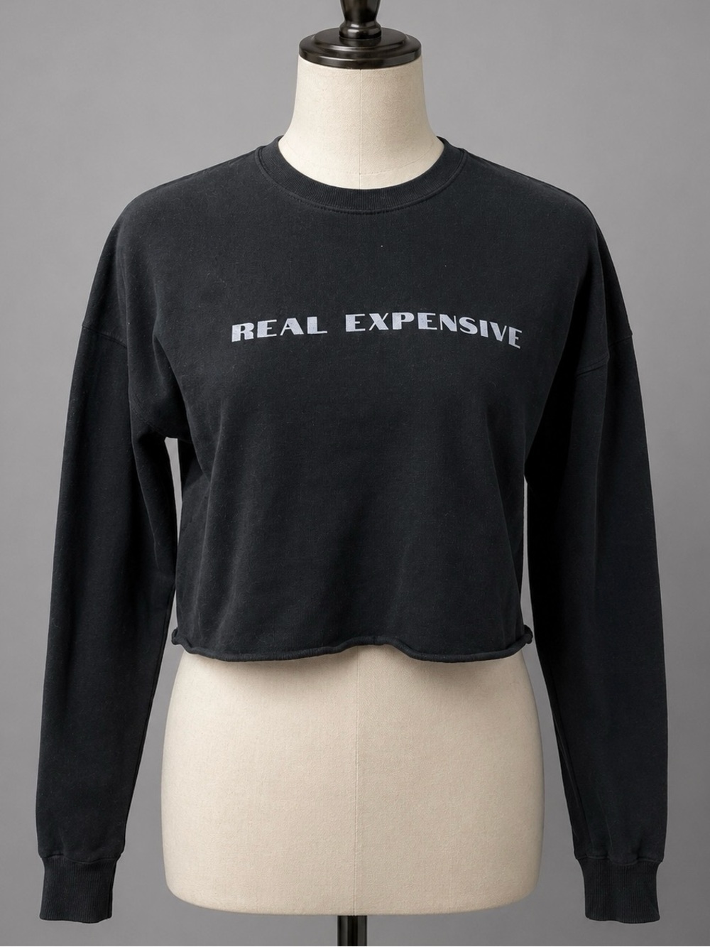 Black Cropped "REAL EXPENSIVE" Sweatshirt Top